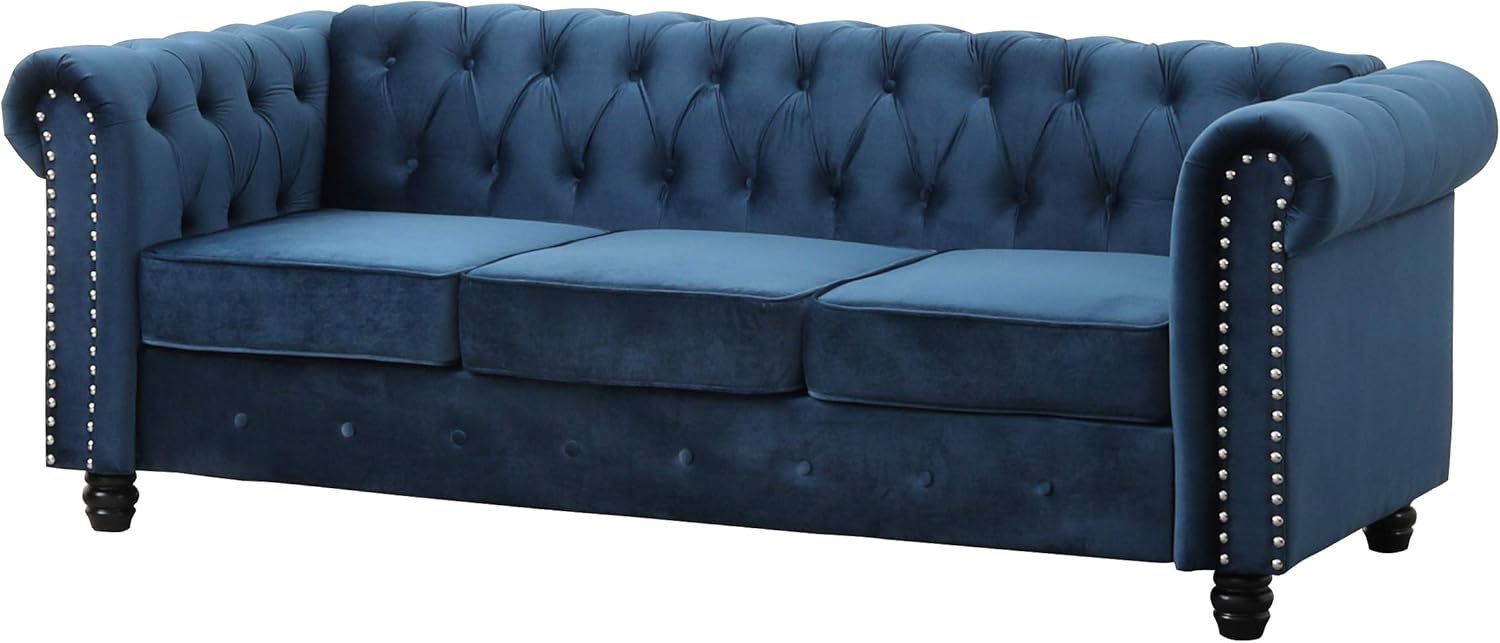 Best Master Furniture Venice Mid-Century Tufted Velvet Living Room Sofa, Navy Blue