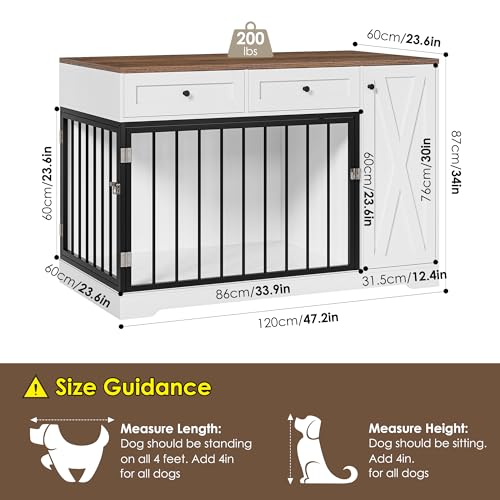 Dog Crate Furniture Kennel with Double Doors Wooden Pet House with 2 Drawers and Storage Cabinet, Indoor Dog Cage Farmhouse Modern Side End Table for Small Medium Dogs, White