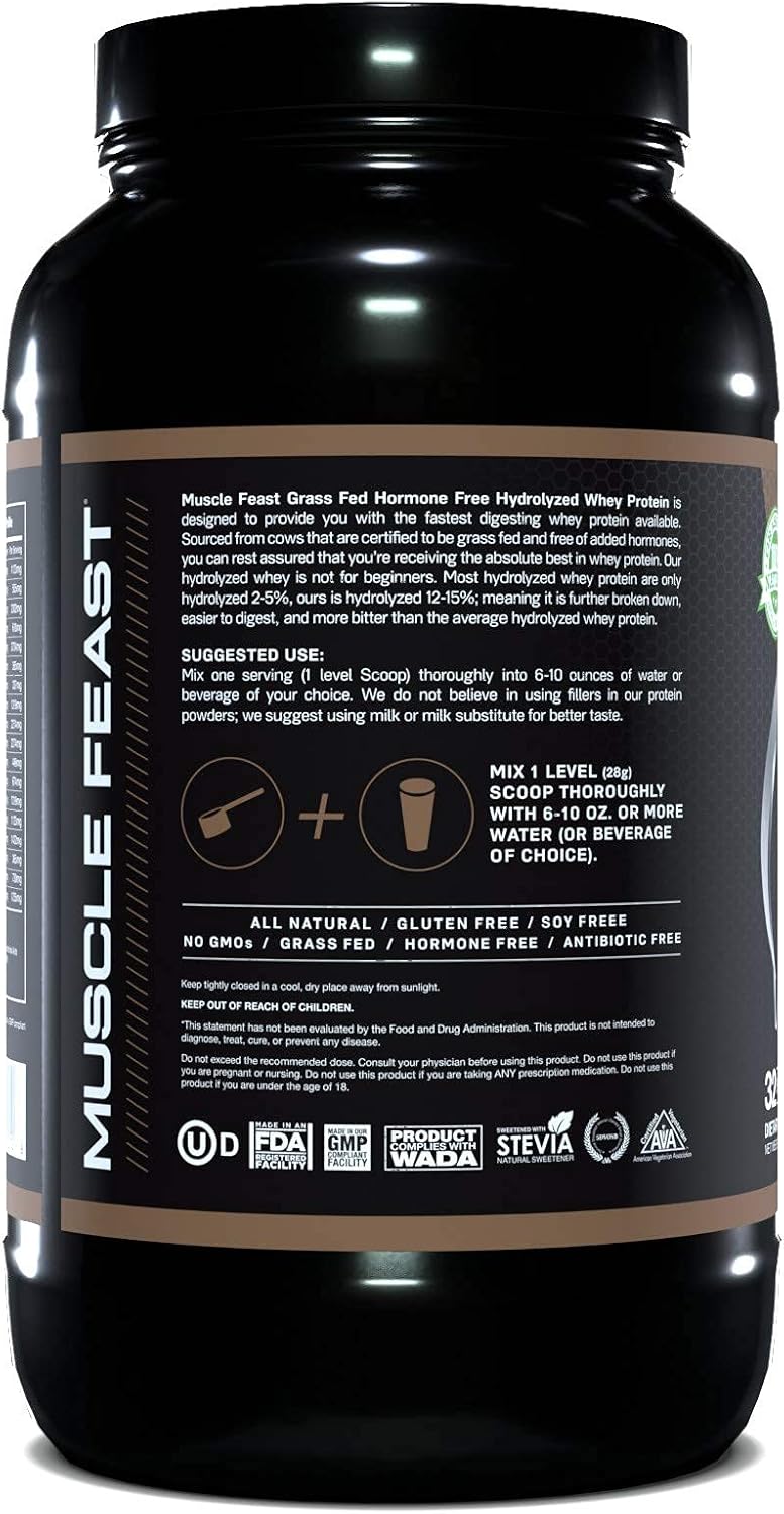 Muscle Feast Grass Fed Hydrolyzed Whey Protein Powder | All Natural, Hormone Free, Fast Absorbing, Easy Digesting, 100% Pure | Gluten Free | 23g Protein, 114 Calories | Chocolate 2lb | 32 Servings Pack of 2
