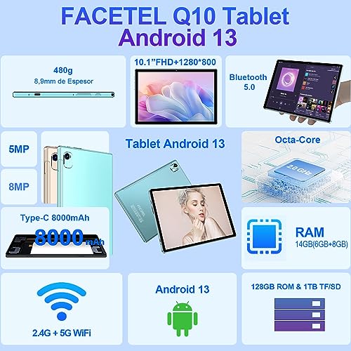 FACETEL Tablet 10.1 inch Android 13 Tablet Octa-Core 2.0 GHz, 14GB RAM 128GB ROM TF 1TB, 5+8MP Camera, 8000mAh Battery, 5G WiFi, Bluetooth 5.0, HD IPS Screen Tablet with Keyboard Mouse - Black