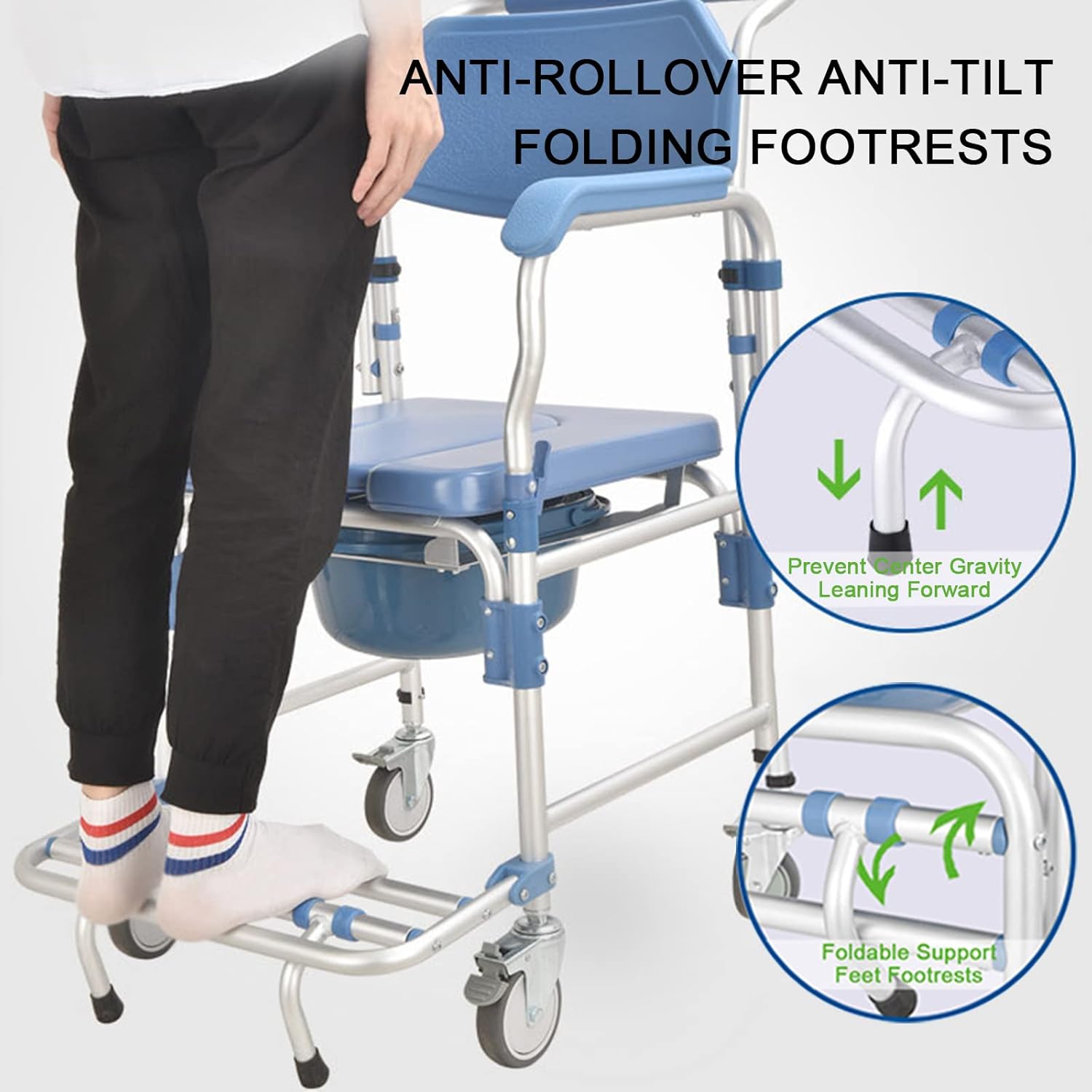 Rolling Showerchair, Wheelchair with Built-in Toilet, Wheelchair Shower Transport Chair/Bathroom Bath Stool for Elder, 4 Wheel Brakes(360°)