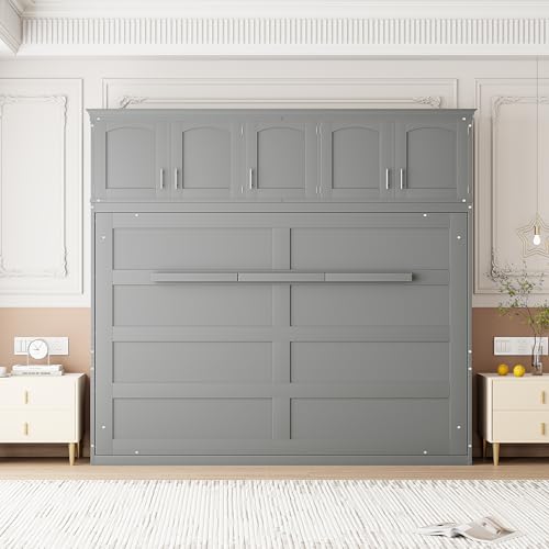 Full Size Murphy Bed with Built-in Wardrobe, 3 Drawers and 3 Open Shelves, Murphy Cabinet Bed with a Long Shelf, Bed Frame Can Be Folded Into A Cabinet, Space-Saving Design