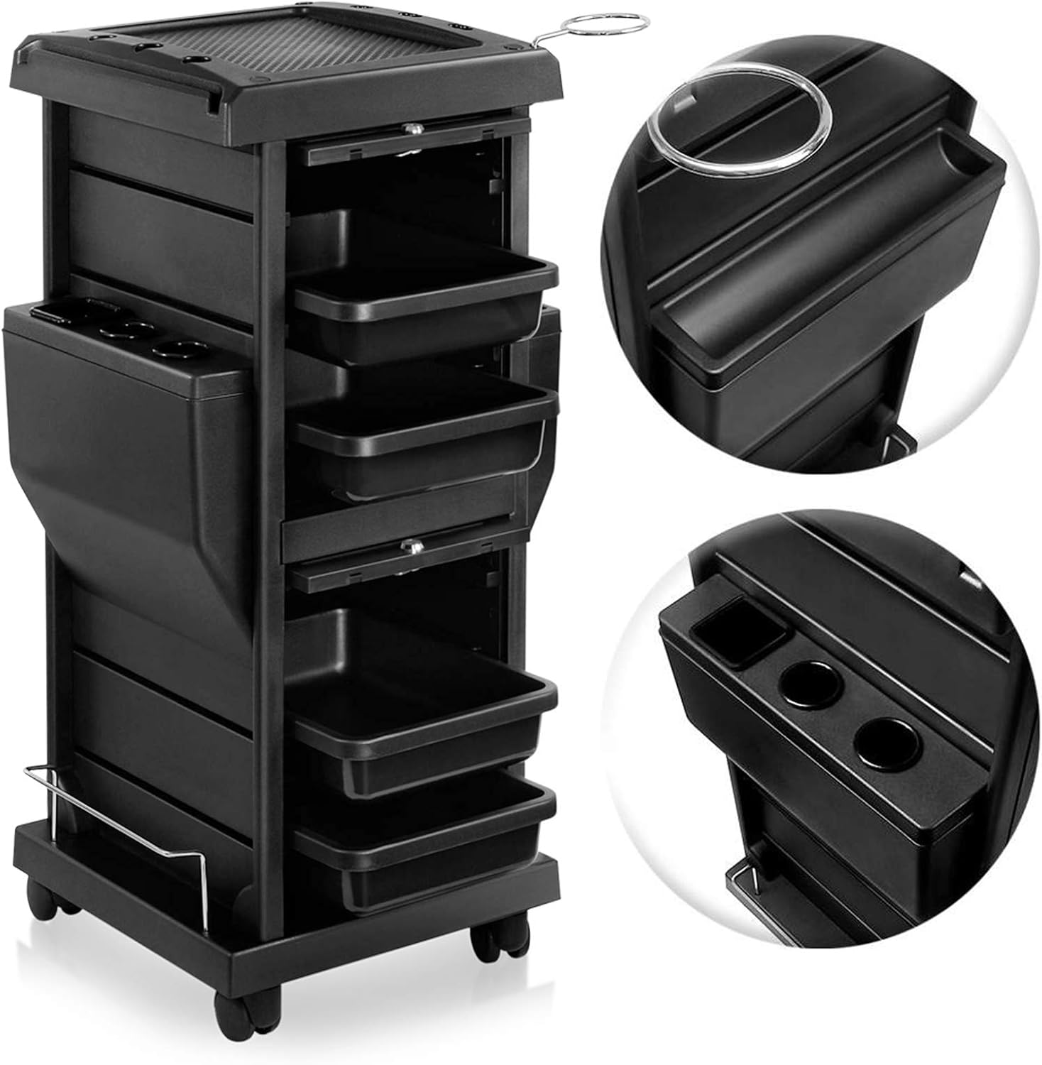 Saloniture Premium Locking Rolling Trolley Cart with Pocket Inserts - Black