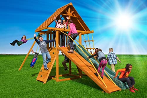 Dreamscape Solid Cedar Wood Swing Set | Jungle Gym with Clubhouse, Rock Wall, Wave Slide, Monkey Bars, Picnic Table, Swings & Accessories | Easy Assembly | Kids Playhouse (#2)