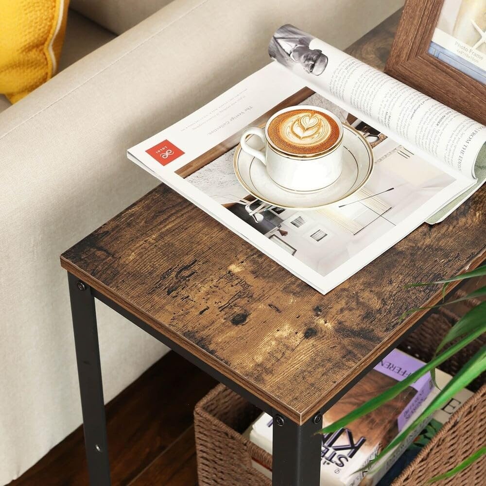 Industrial Rustic Brown Side Table with Mesh Shelf Reclaimed Wood Natural Finish