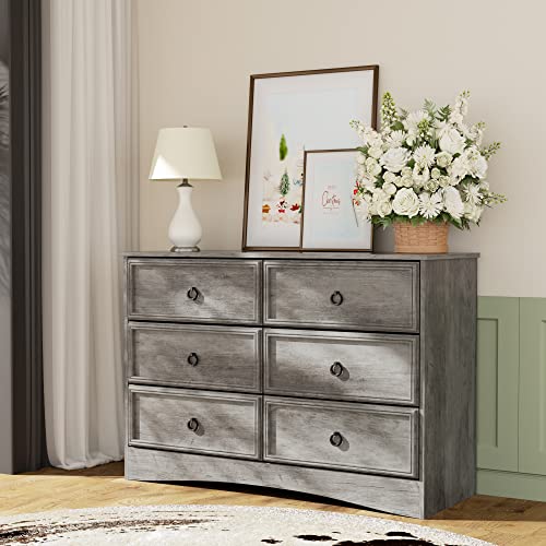 Modern 6 Drawer Dresser with Strip Lights, Dressers for Bedroom, Chest of Drawers Closet Organizers and Storage Clothes - Easy Pulls Handle, Textured Borders Living Room, Hallway, Gray