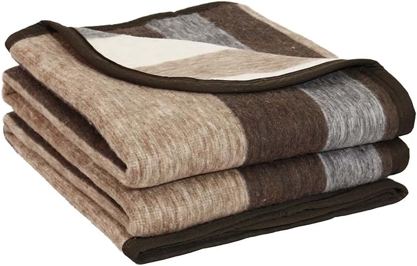 Alpaca Warehouse Alpaca Sheep Wool Blanket King/Full-Queen/Twin Size Thick Heavyweight Comfortably Warm - Great for Outdoor Use - Striped Design (Beige/Brown/Gray, Full/Queen)