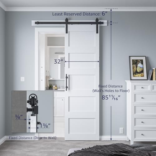 34in x 84in Sliding Barn Door with 6ft Barn Door Hardware Kit & Handle, Pre-Drilled Holes Easy Assembly -Solid Barn Door Slab Covered with Water-Proof PVC Surface, White, 5 Panel