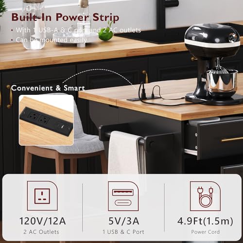 59.3" Rolling Kitchen Island on Wheels with Trash Can Storage Cabinet, Island Table for Kitchen with Power Outlet, Kitchen Cart with Drop Leaf and Internal Storage Rack (Black)
