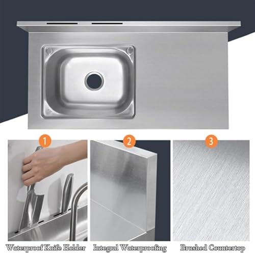 WAZHOU Free Standing Stainless Steel Utility Sink Kitchen Commercial Sink for Laundry Room with Backsplash, Strainer,Hot & Cold Water Faucet,5 Sizes Industrial Sink for Restraunt, Bar, Store