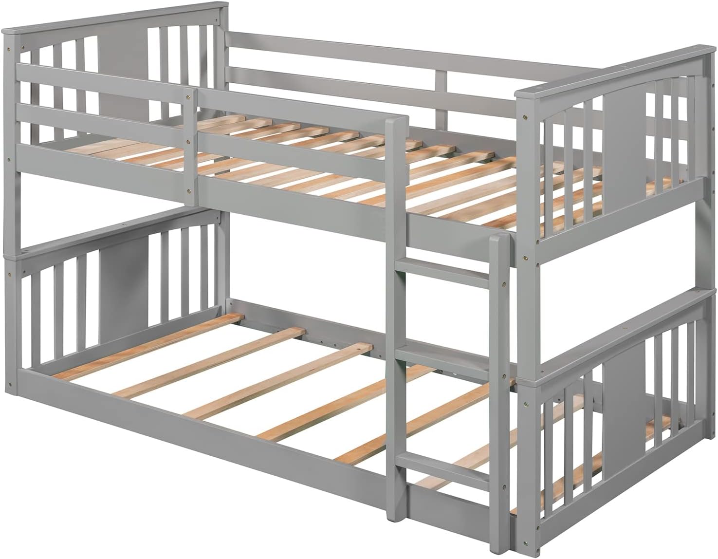 Twin Bunk Beds Low Bunk Bed Frame Wood Twin over Twin Bunkbed for Kids Toddlers Boys Girls Bedroom, Gray
