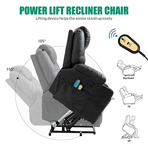 VIVIJASON Power Lift Chair Electric Recliner for Elderly Heated Vibration Massage Fabric Recliner Chair with 2 Remote Controls, Cup Holders, Side Pockets & USB Ports for Living Room (Grey)