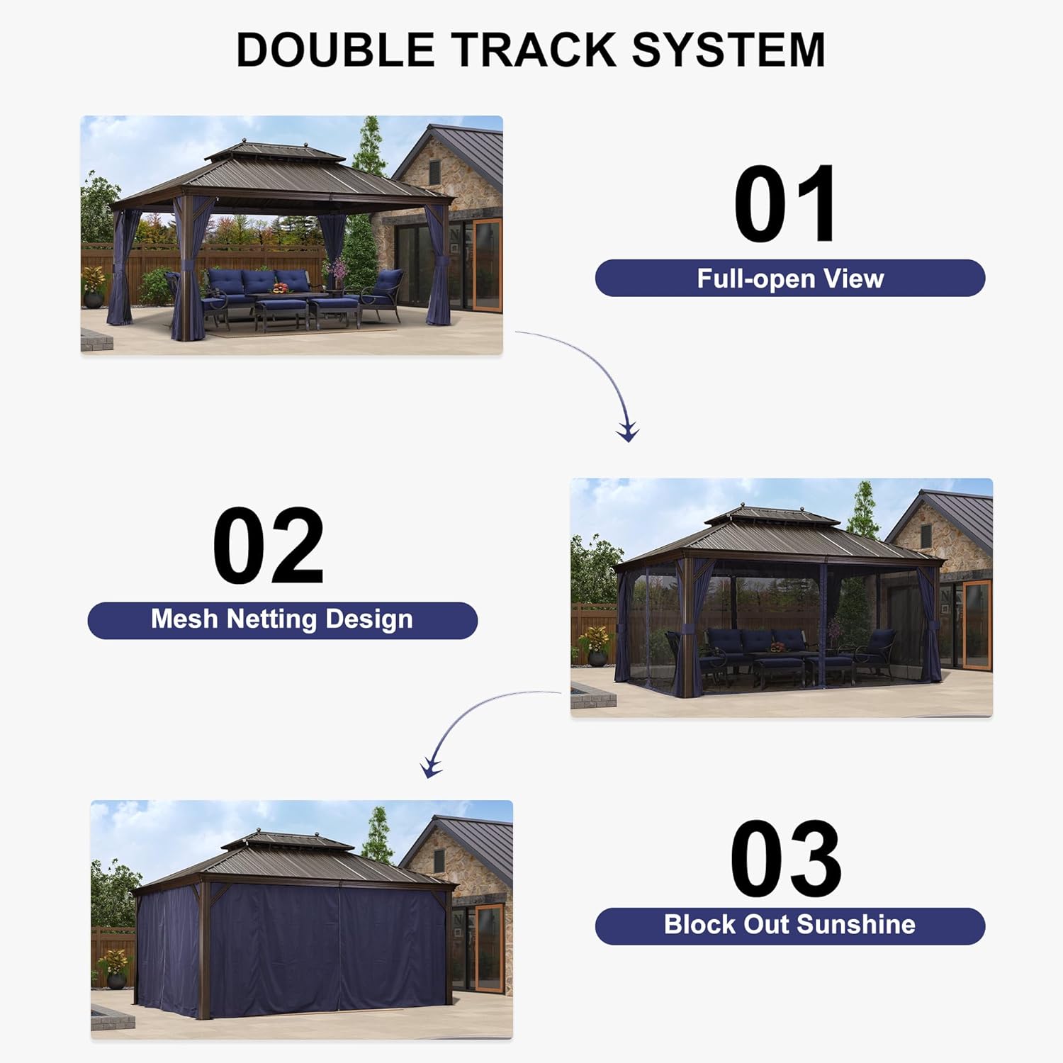 PURPLE LEAF 12' X 16' Permanent Hardtop Gazebo for Patio with Netting and Curtains Deck Backyard Heavy Duty Sunshade Metal Roof All Weather Outdoor Pavilion Canopy with 24 LED Hanging String Lights