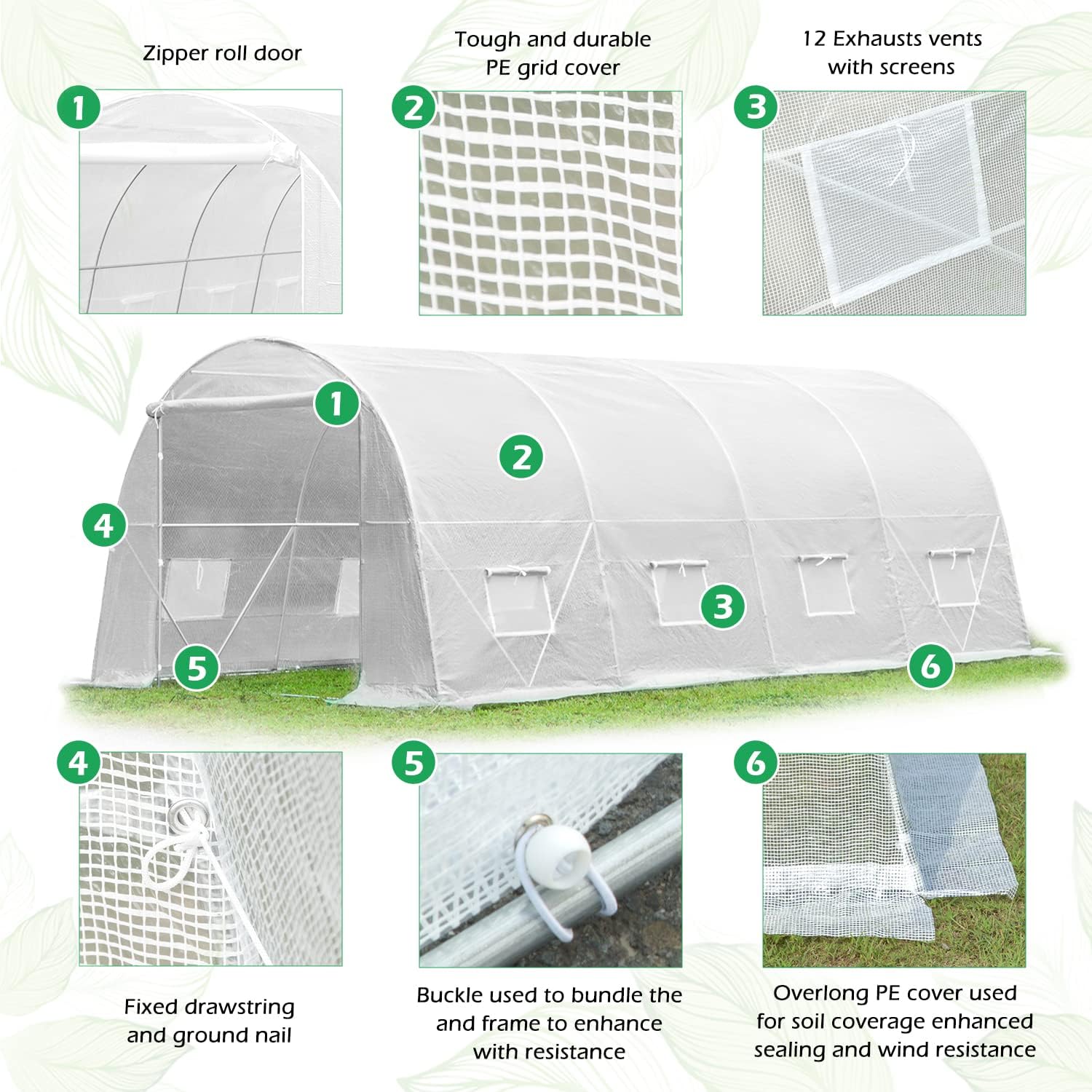 YOLENY 20' x 10' x 7' Greenhouse Large Gardening Plant Hot House Portable Walking in Tunnel Tent, White