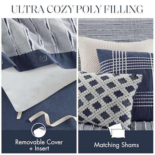 Madison Park King Comforter Set Clipped Jacquard Stripes with Buttons Boho Comforter for a King-Size Bed, Cotton Oversized Comforters with Removable Cover Boho Bedding, King Ivory 9 Piece