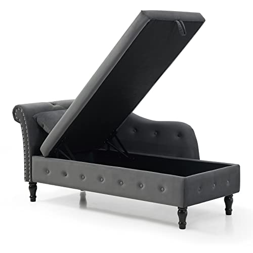 Chaise Lounge Indoor,Velvet Lounge Chair for Bedroom with Storage & Pillow,Modern Upholstered Rolled Arm Chase Lounge for Sleeping with Nailhead Trim for Living Room Bedroom Office(Orange)