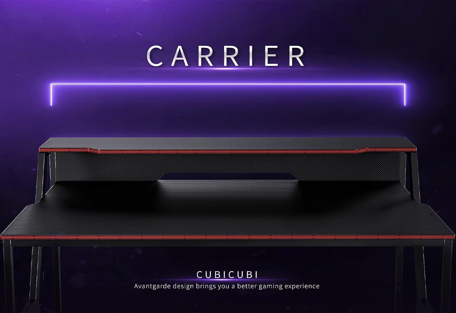 CubiCubi Carrier Gaming Desk 47 inch Gamer Workstation, Home Computer Carbon Fiber Surface Gaming Desk PC Table with Monitor Stand