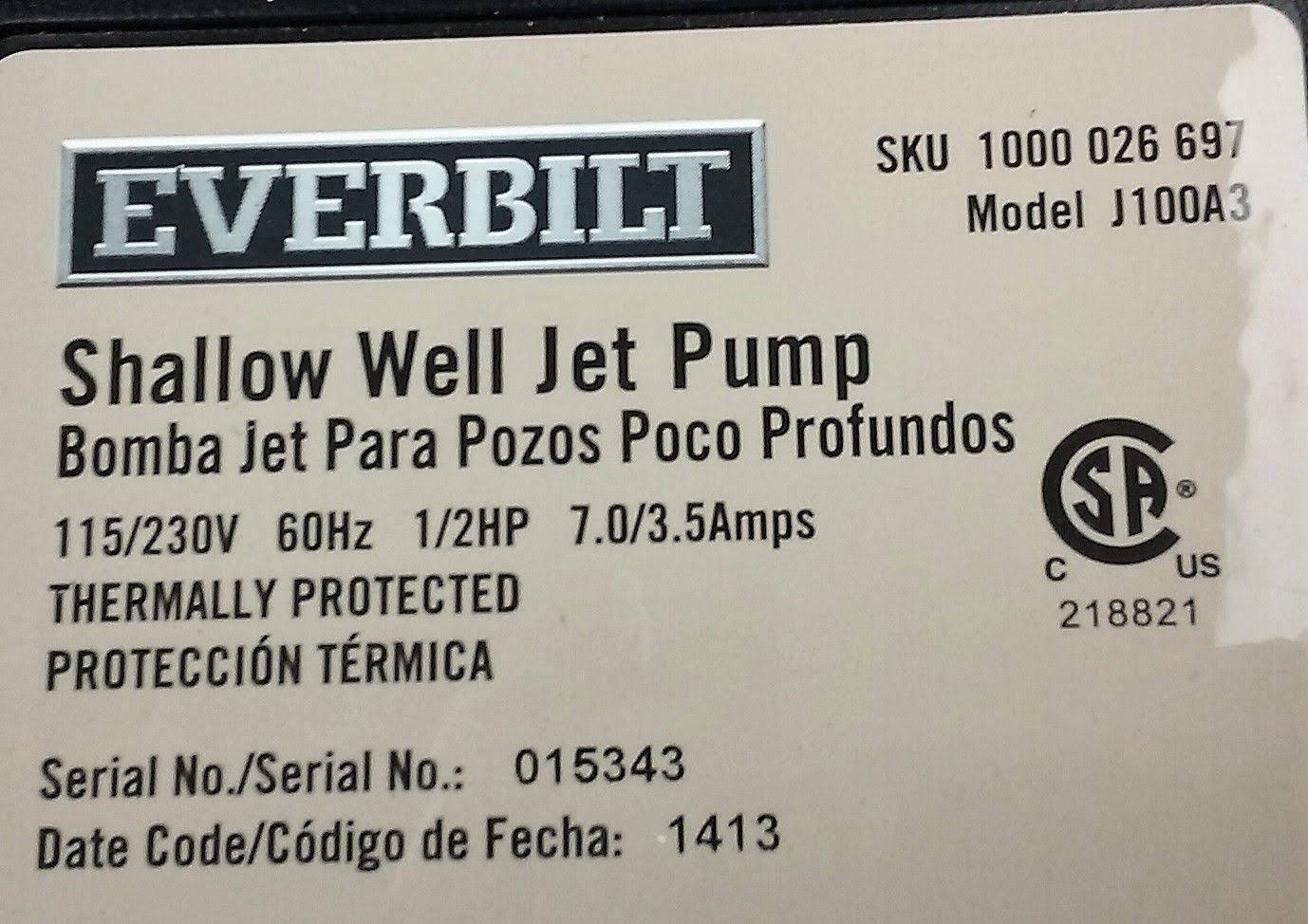 Everbilt J100A3 1/2 HP Shallow Well Jet Pump
