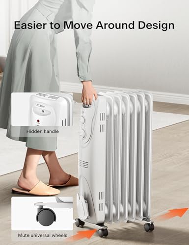 PELONIS Oil Filled Radiator Heater for indoor use Large Room Safe with Thermostat, 1500W Energy Efficient Quiet Space Heater, 3 Heat Settings, Overheat & Tip-Over, Black