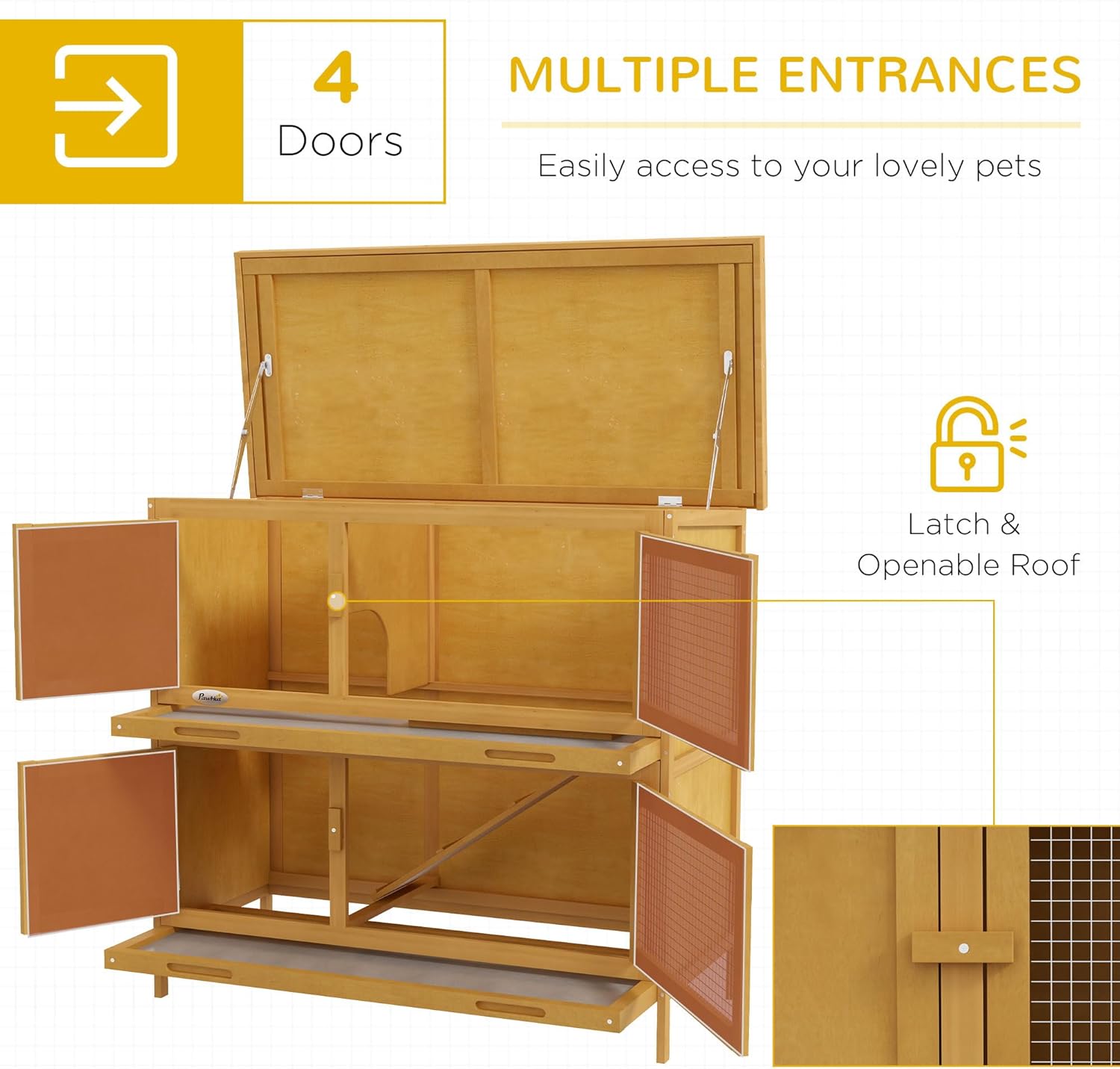 Wooden Bunny Rabbit Hutch, Small Animal Habitat with Ramp, Removable Tray & Weatherproof Roof, Indoor/Outdoor, Yellow
