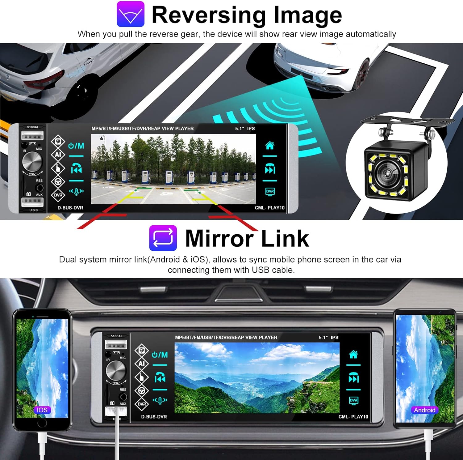 Single Din Car Stereo 5.1 Inch Touchscreen Radio with Bluetooth Voice Control Support DVR FM RDS AM Tuner, 1 Din Head Unit with USB/SD/Aux-in + Steering Wheel Control, Microphone and Backup Camera
