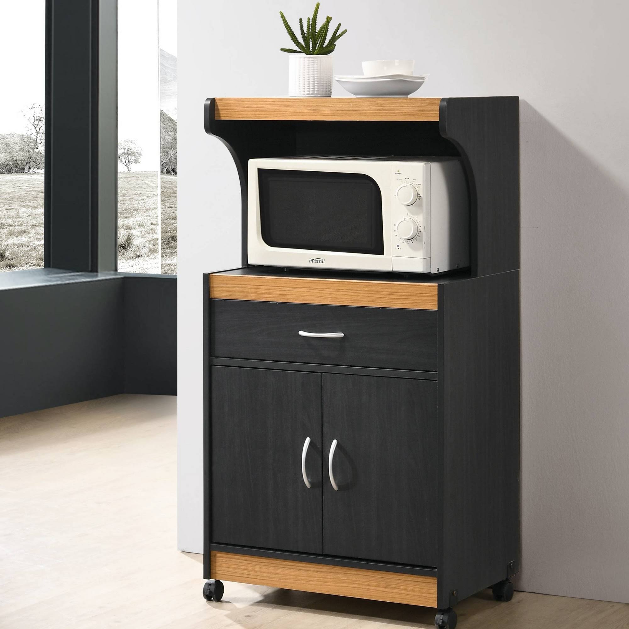 Hodedah Microwave Kitchen Cart, Black-Beech