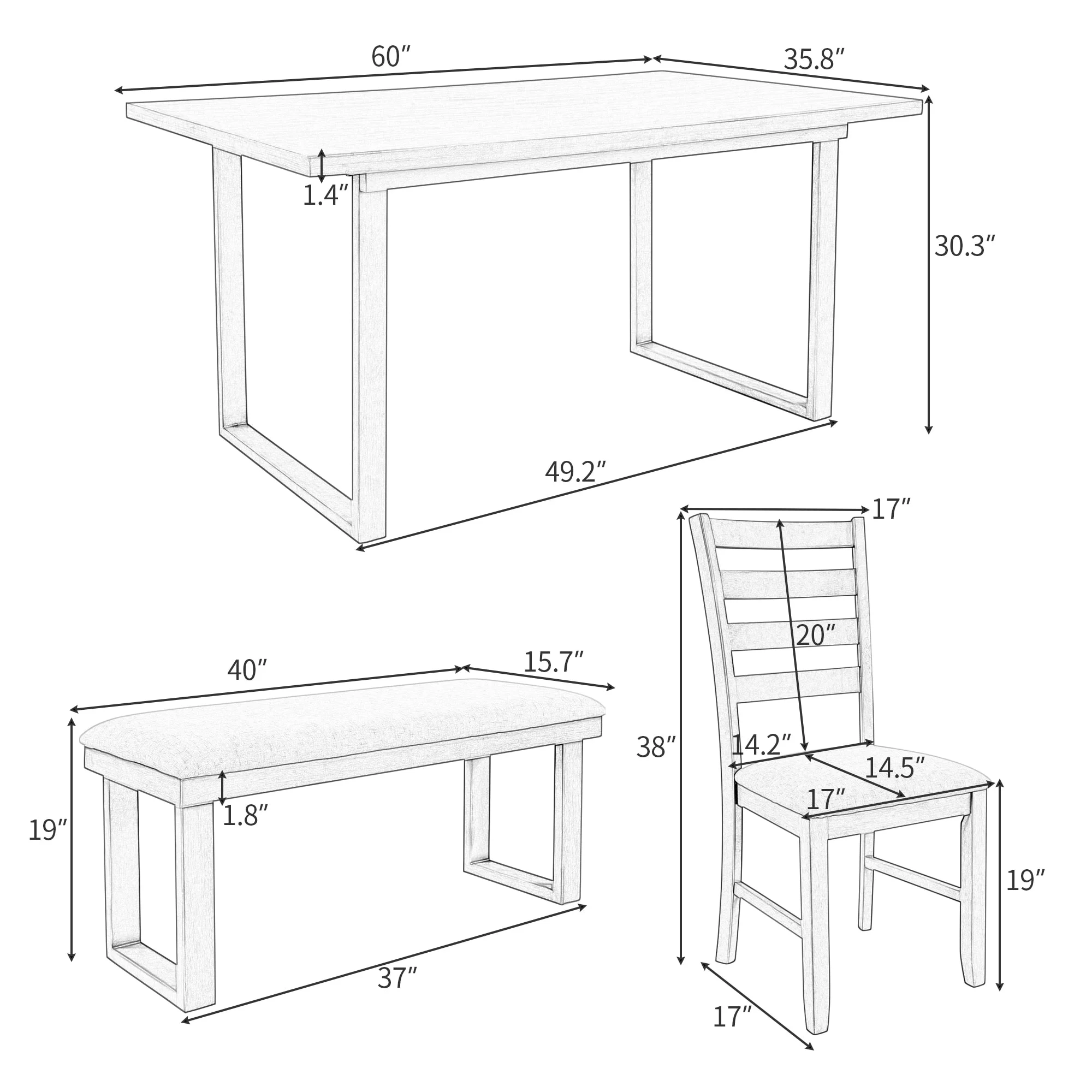 6-Piece Solid Wood Dining Set - Rectangular Table, 4 Chairs, and Bench in Gray - Contemporary Style for Family Gatherings