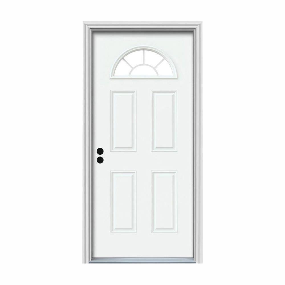 JELD-WEN 34 in. x 80 in. Fan Lite White Painted Steel Prehung Right-Hand Inswing Front Door w/Brickmould, Brilliant White