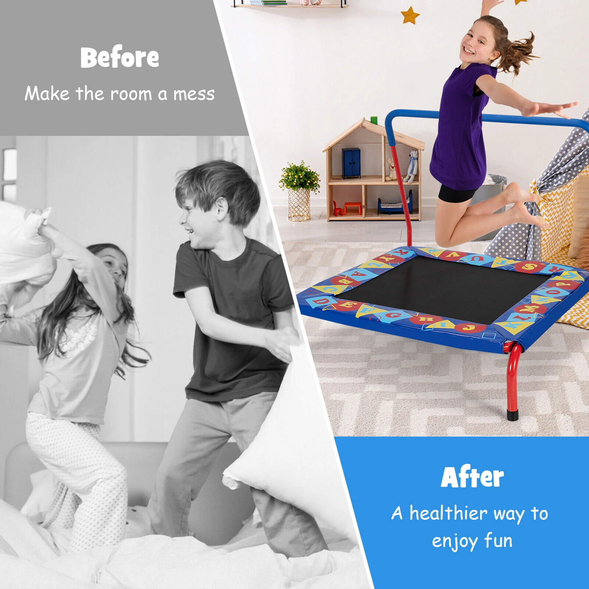 Gymax 36'' Kids Square Trampoline Indoor Outdoor Rebounder W/Foam Handrail Alphabet Pad