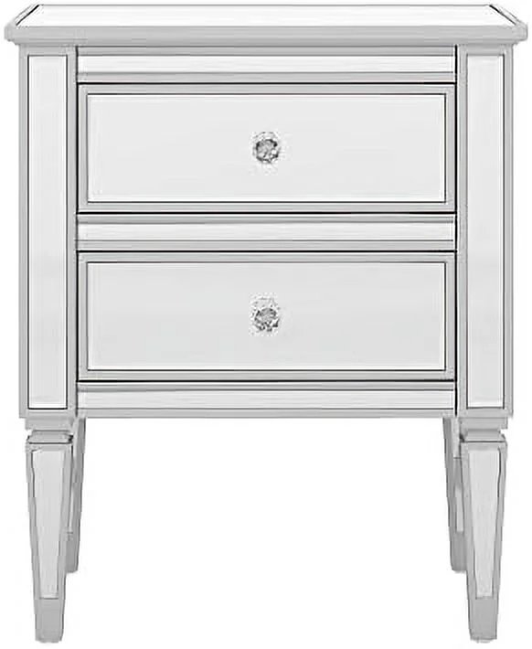Mirrored Nightstand with 2 Drawers  Accent Side Table with Crystal Knobs  Modern End Table  Silver Finished Nightstand for Bedroom  Living Room