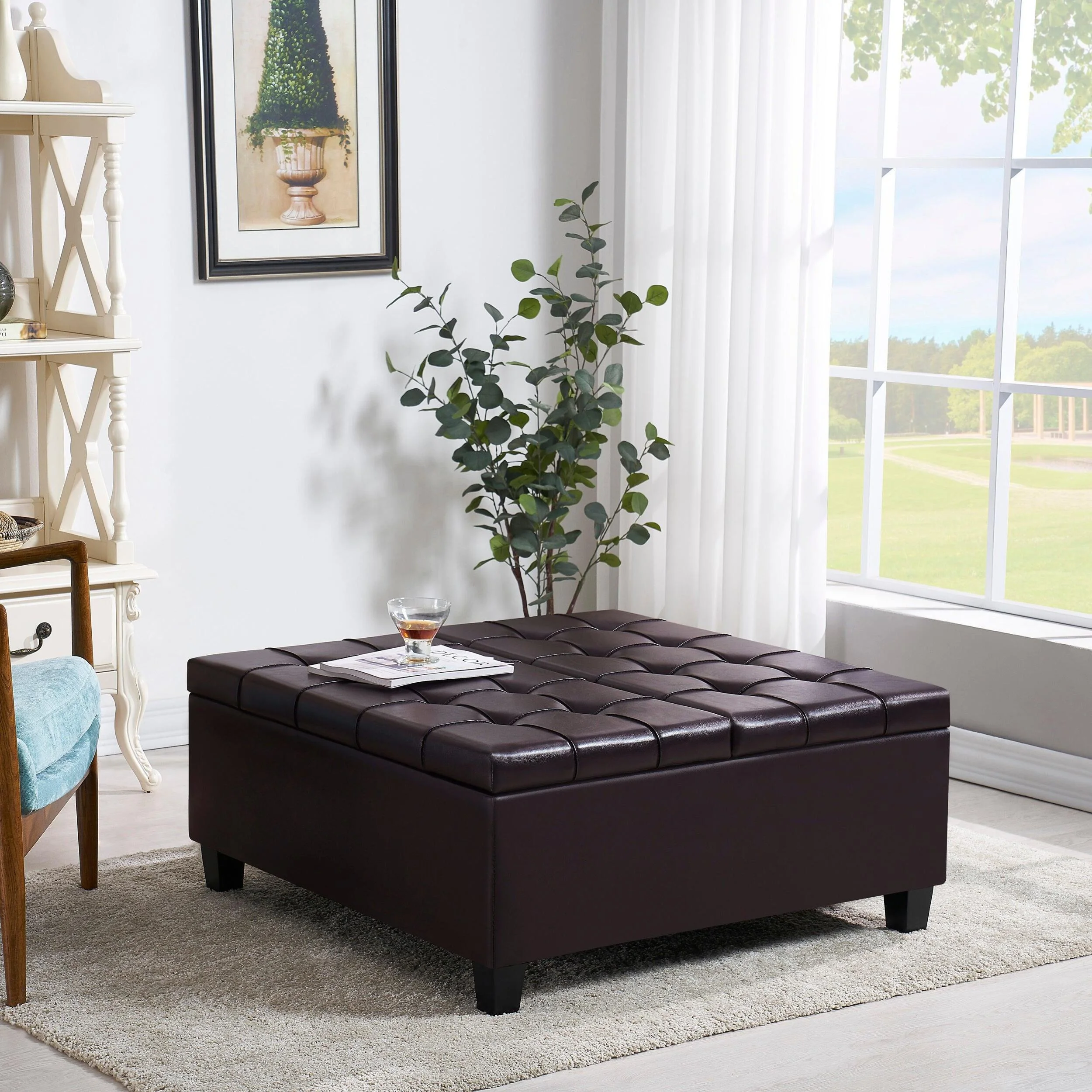 Supfirm Large Square Faux Leather Storage Ottoman | Coffee table for Living Room  Bedroom (Dark Brown)