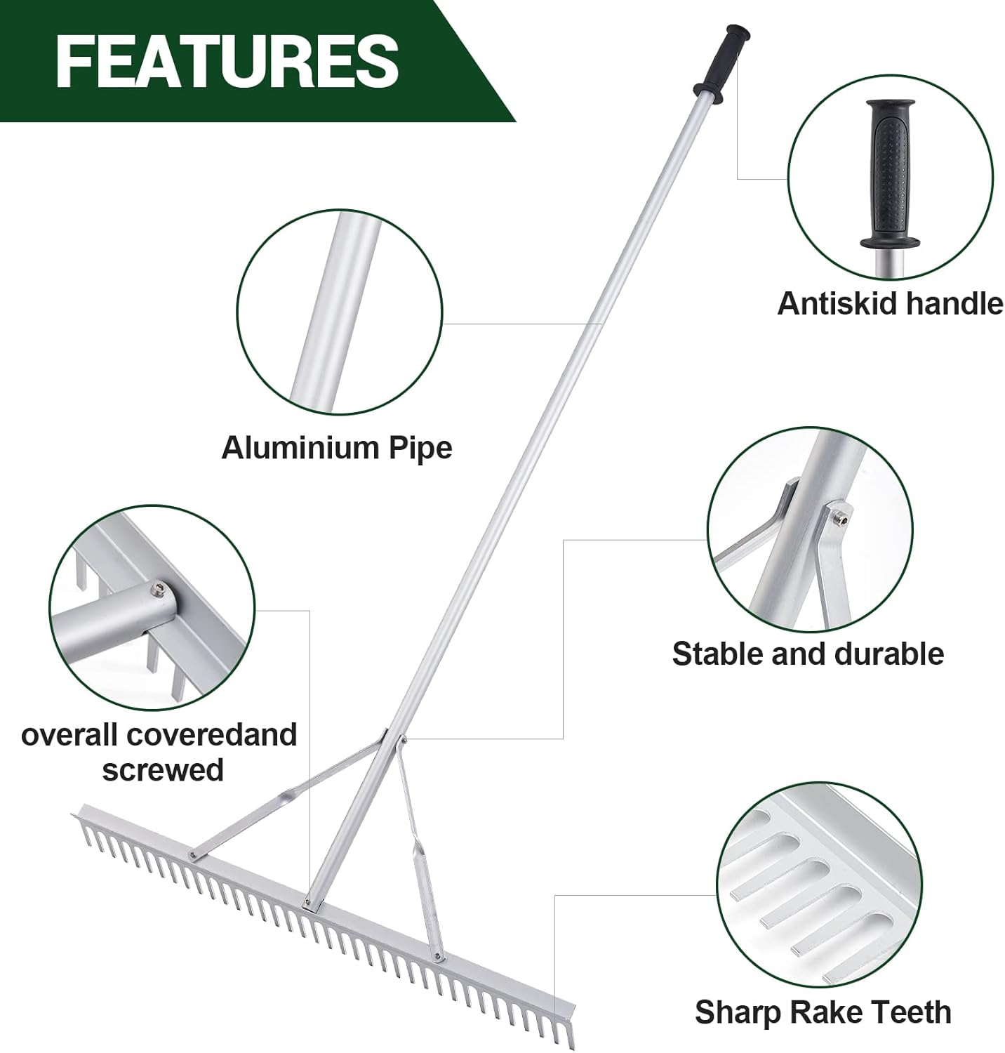 Aluminum Landscape Rake Tool for Lake Garden Pond Beach Landscaping 36 Rake Head