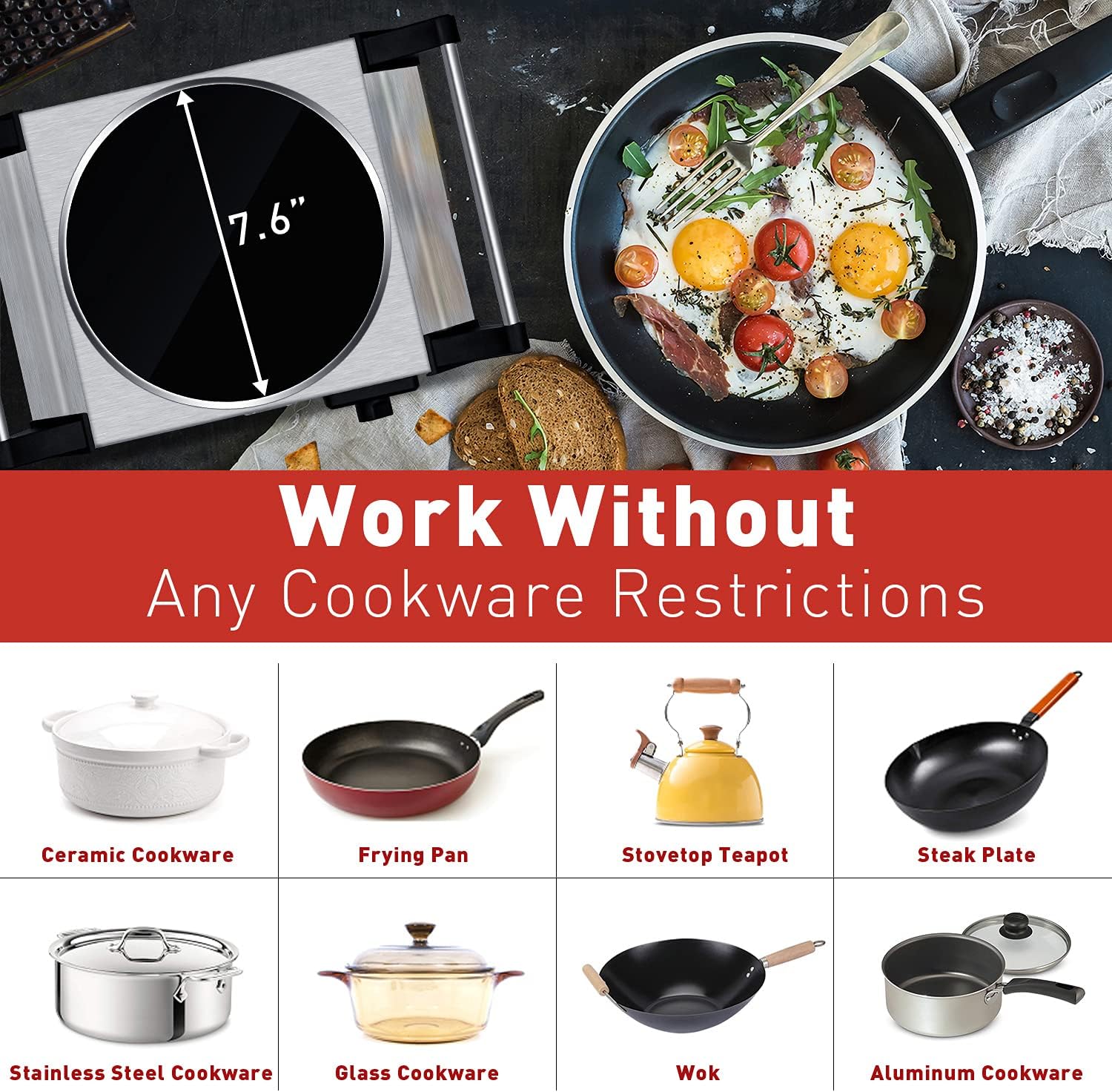 Hot Plate, Techwood Portable Electric Stove for cooking, 1200W Countertop Infrared Single Burner with Handles & 7.5&rdquo; Glass Cooktop for RV/Home/Camp, Compatible for All Cookwares Upgraded Version