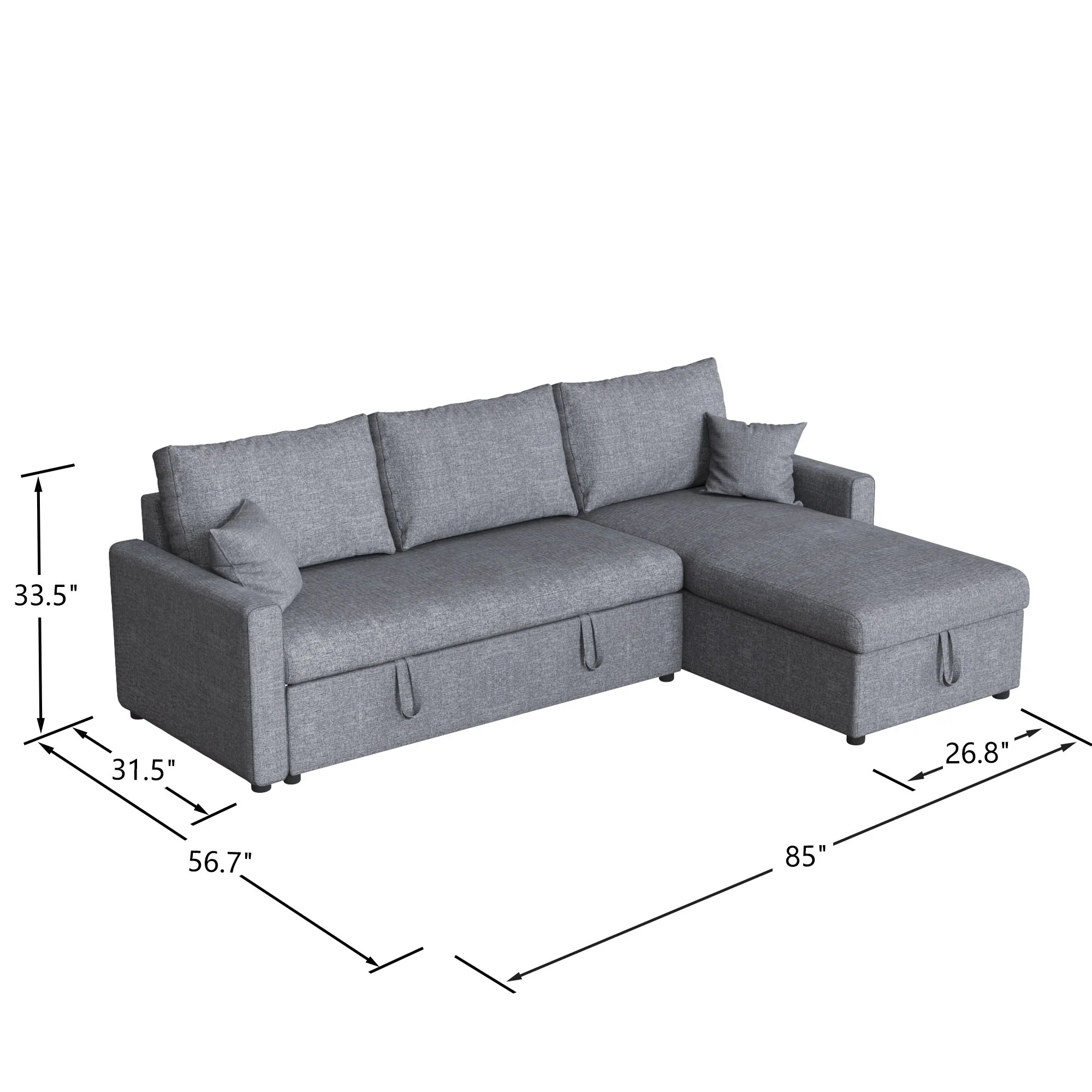 Soges 85" Pull Out Sofa Bed L Shape Sofa with Storage Chaise, Linen Fabric 3 Seater Couch, Dark Gray