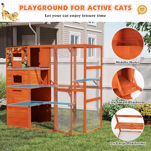 COZIWOW Large Wood Cat Catio, Outdoor Enclosure with Weatherproof Roof, 2 Resting Rooms, 2 Platforms, 4-Tier Cat Playpen, Orange