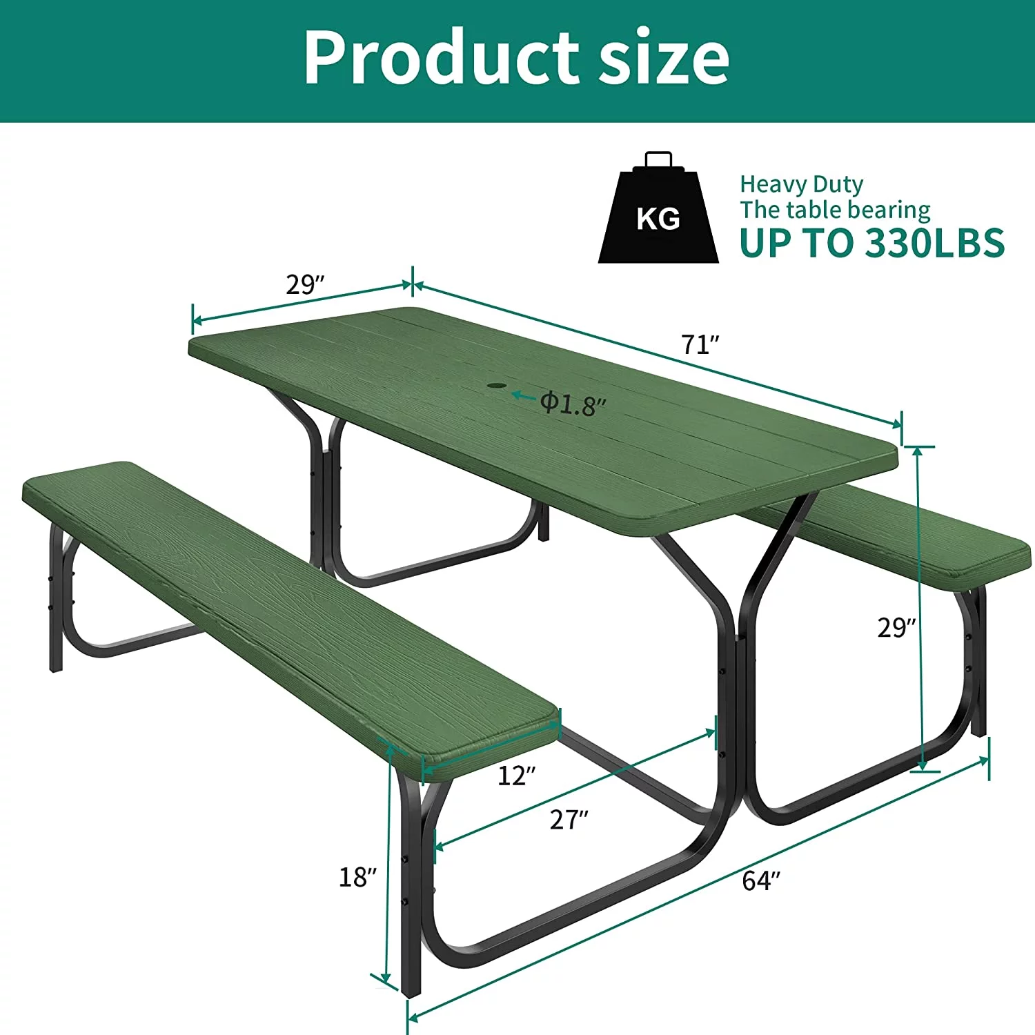 DWVO Picnic Table 6ft Heavy Duty Outdoor Picnic Table and Bench Resin Tabletop & Stable Steel Frame w/Umbrella Hole for Yard Patio Lawn Party Green