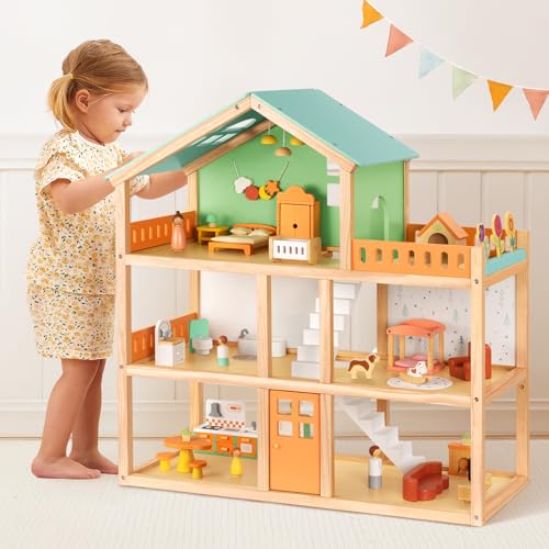 OOOK Large Wooden Dollhouse with 42 Pcs Luxurious Furniture Accessories, 3-Story Doll House 6 Rooms Balcony Wooden Stairs, Ideal Modern Dollhouse for Toddlers 3-5