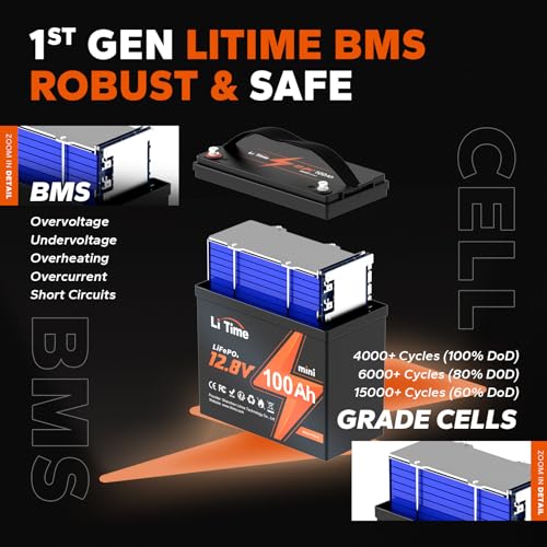 LiTime 12V 100Ah LiFePO4 Battery BCI Group 31 Lithium Battery Built-in 100A BMS, Up to 15000 Deep Cycles, Perfect for RV, Marine, Home Energy Storage