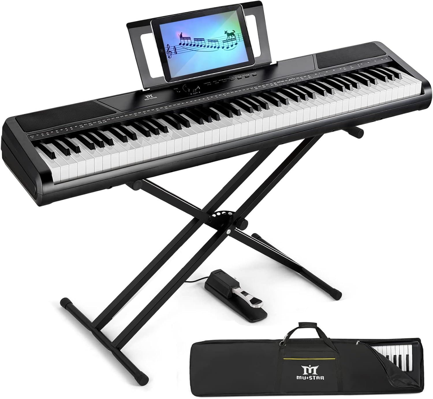 MUSTAR Digital Piano 88 Weighted Keys with Stand Touch Sensitivity, Piano Keyboard 88 Keys Semi Weighted Electric Piano with Bluetooth Connection, Portable Case, Sustain Pedal, MDF, White