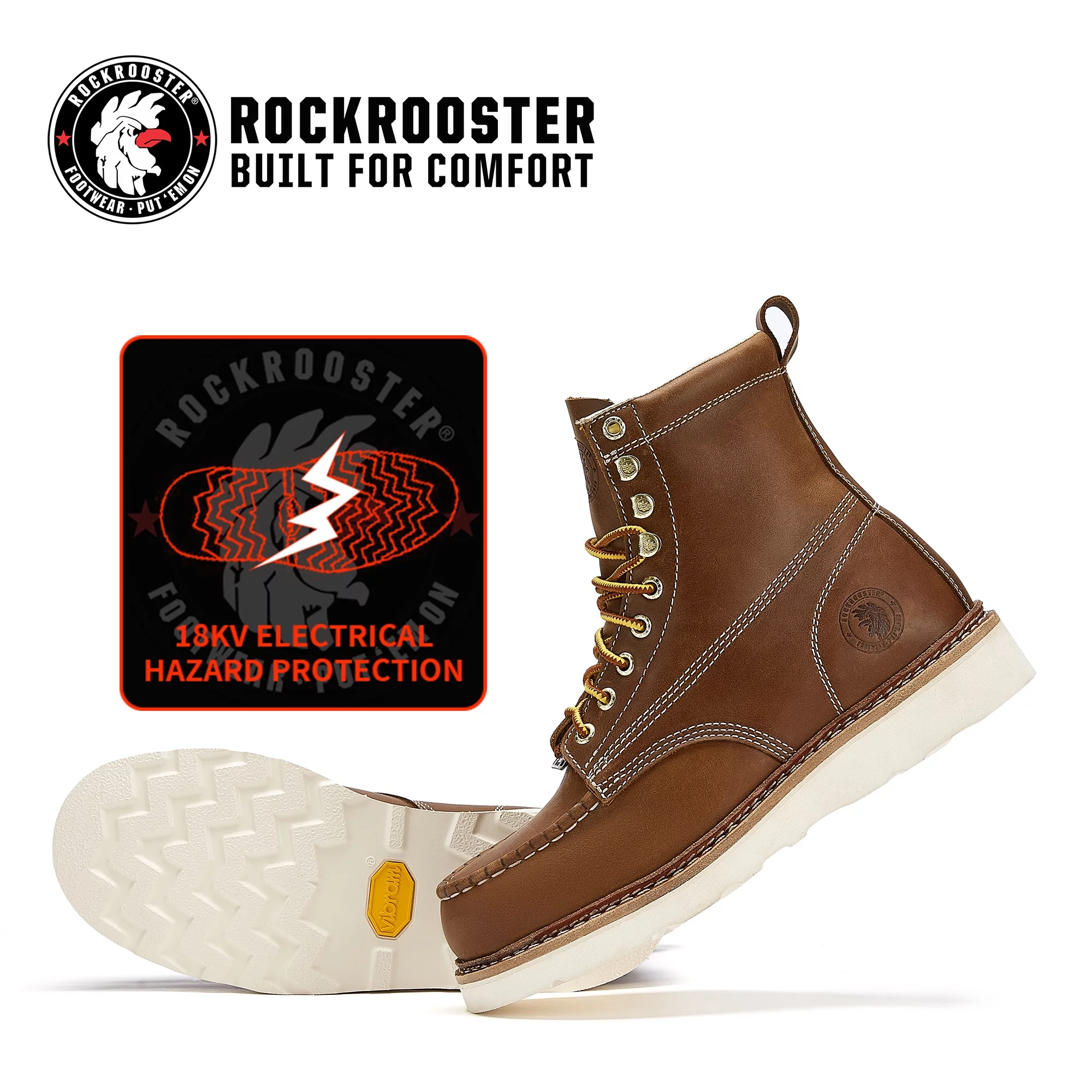 Rockrooster 7" Brown Men's Steel Toe Work Boots, EH Rated Boots for Adult E Width VAP621-14 - Curated Treasures Market