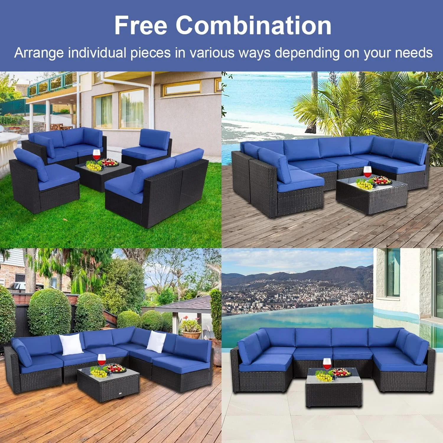 Kinbor 7pcs Outdoor Patio Furniture Pe Rattan Wicker Rattan Sofa Sectional Set with Dark Blue Cushions