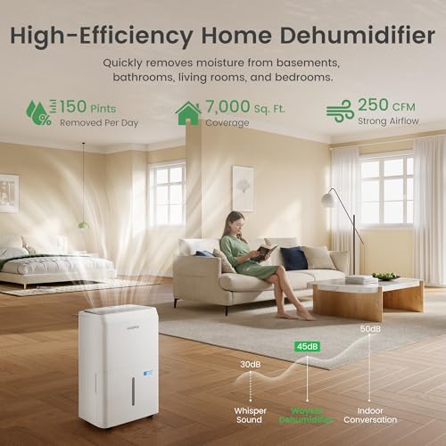 Waykar 80 Pint Energy Star Dehumidifier for Home, Basement, Large Rooms up to 5,000 Sq. Ft. - Auto Defrost, Ultra Quiet(40 dB), Auto Comfort Mode, with Drain Hose & Water Tank
