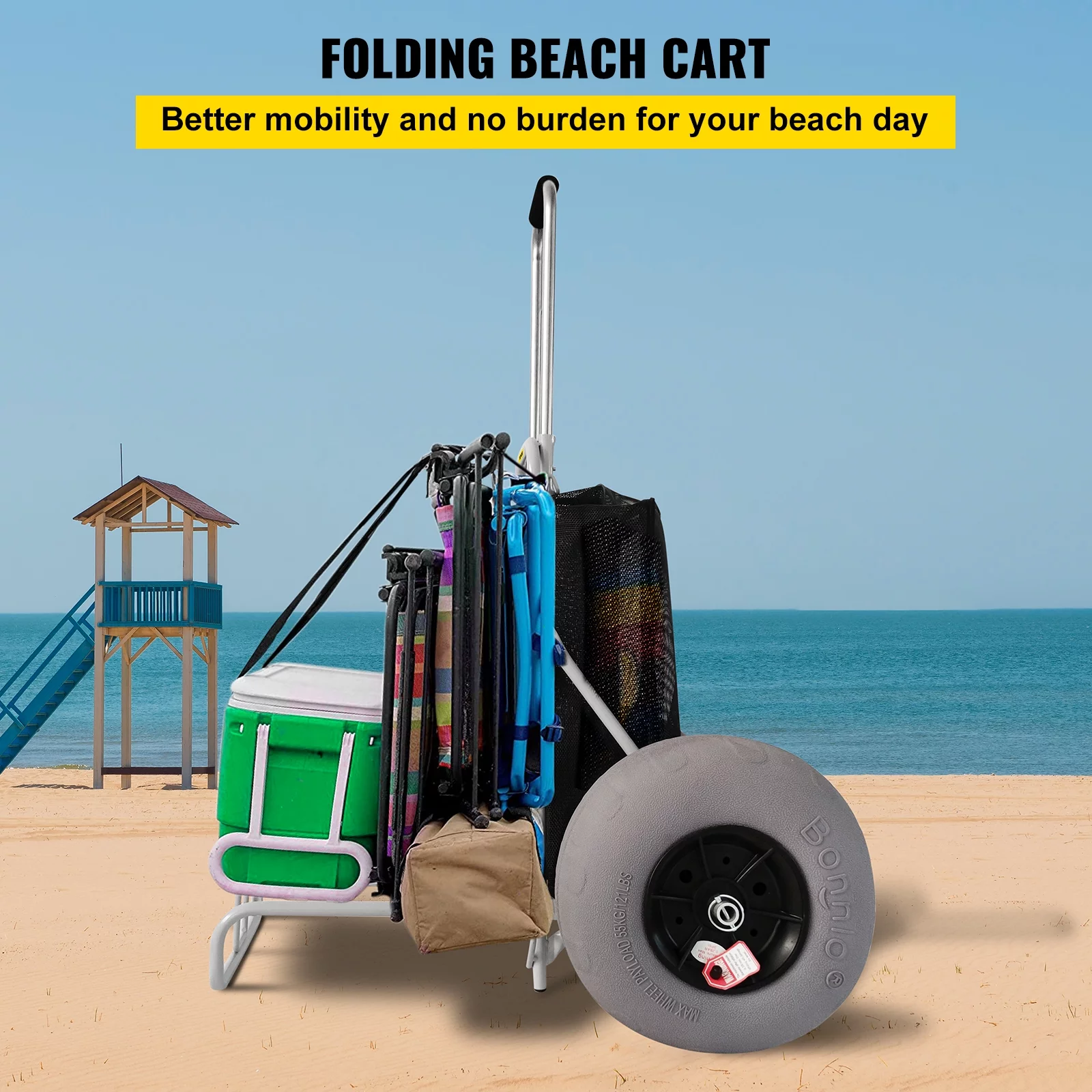 VEVOR Beach Carts for the Sand, w/ 12" TPU Balloon Wheels, 165Lbs Loading Capacity Folding Sand Cart & 29.5" to 49.2" Adjustable Height, Heavy Duty Cart for Picnic, Fishing, Beach