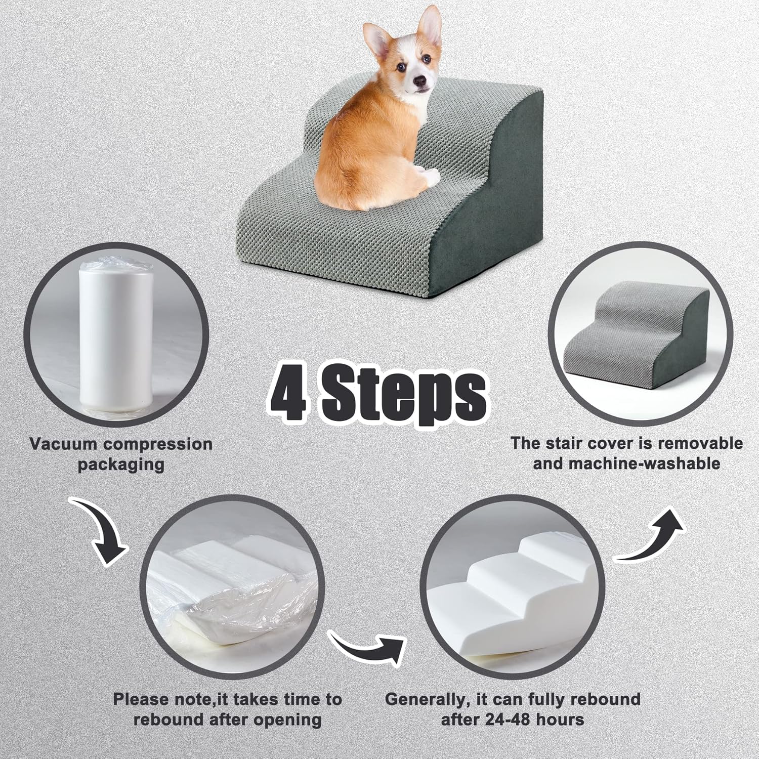 MALOROY Foam Dog Ramps, Dog Stairs Ladder Pet Ramp Stairs Non-Slip Pet Step for Older Dogs, Pet with Joint Pain, Sofa Bed Ladder for Cats (Grey)