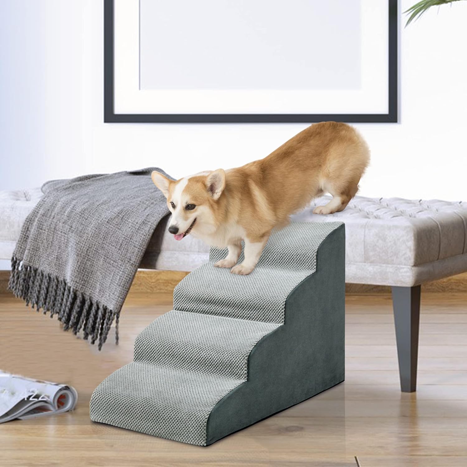 MALOROY Foam Dog Ramps, Dog Stairs Ladder Pet Ramp Stairs Non-Slip Pet Step for Older Dogs, Pet with Joint Pain, Sofa Bed Ladder for Cats (Grey)
