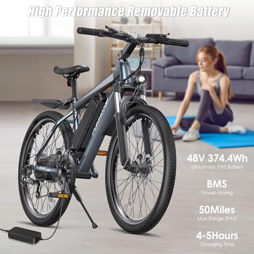 Electric Bike for Adults, Peak 1000W Ebike, 50Miles 21.7MPH Adult Electric Bicycles, 26" Electric Mountain Bike 48V 374.4WH Battery, Commuter E Bike with Adjustable Stem, Fenders, 21 Speed