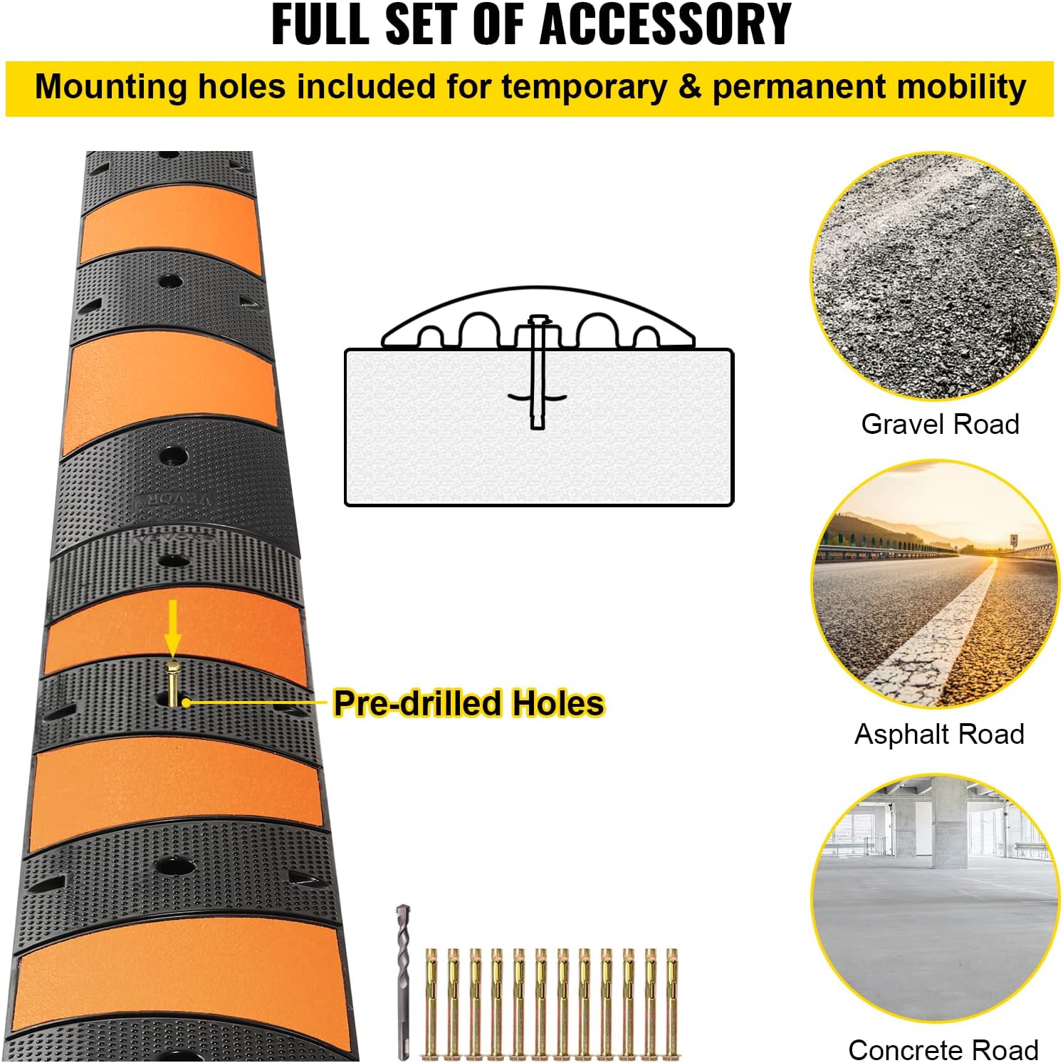 VEVOR Rubber Speed Bump, 2 Pack 2 Channel Speed Bump Hump, 72.8 Long Modular Speed Bump Rated 22000 LBS Load Capacity, 72.8 x 12.2 x 2.2 Garage Speed Bump for Asphalt Concrete Gravel Driveway-6 FT