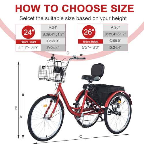 Upgraded Adult Tricycle, 7 Speed Tricycle for Adults with Front & Rear Baskets, 3 Wheel Bikes for Adults, Adult Tricycles for Women Men Seniors, Adult Trike, 26 inch Three Wheel Bikes