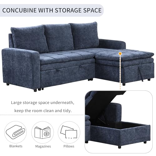 Convertible Sofa Couch with Storage Chaise, 3 Seat Sectional Sofa Set with Pullout Bed for Living Room, L-Shaped Modern Polyester Modular Sofa Sleeper for Office, Apartmen (Grey)