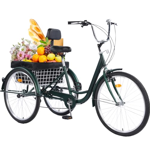 Versatile 24/26-Inch 3-Wheel Adult Tricycle with 7-Speed Gearing and Spacious Basket for Comfortable Riding and Storage for Recreation, Shopping, Picnics